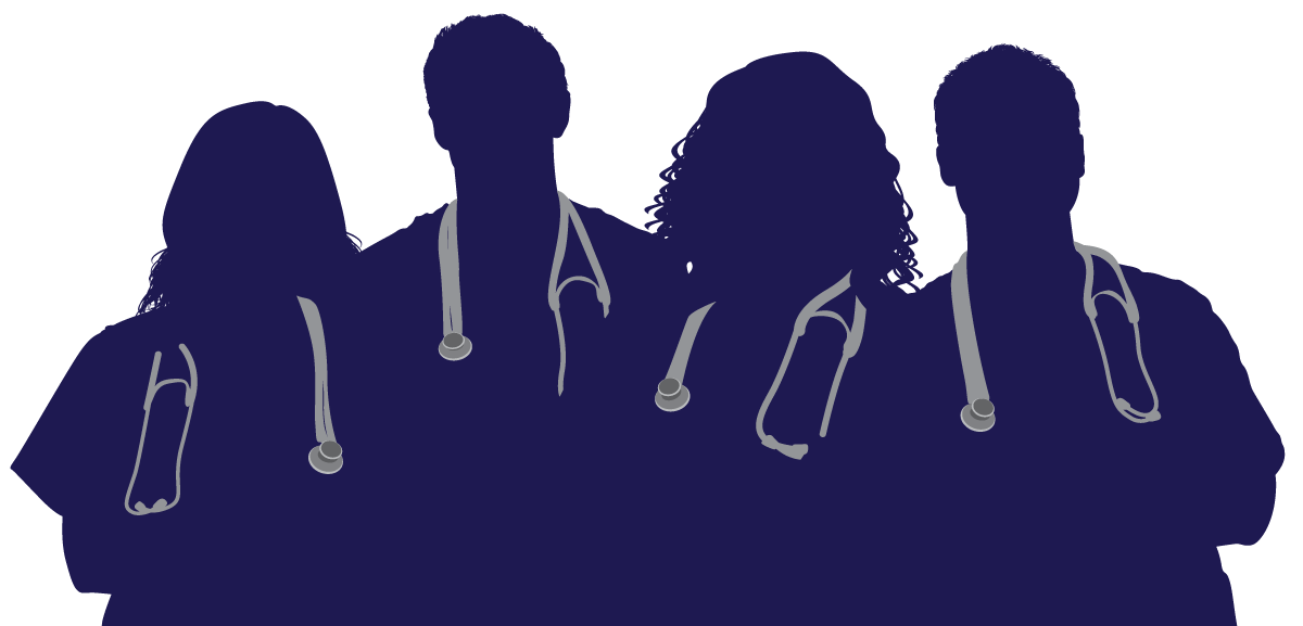 Silhouette of male and female doctors with stethoscopes