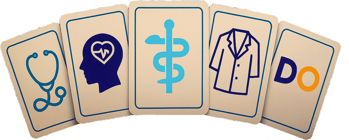 5 playing cards - stethoscope, brain, caduceus, whitecoat, DO