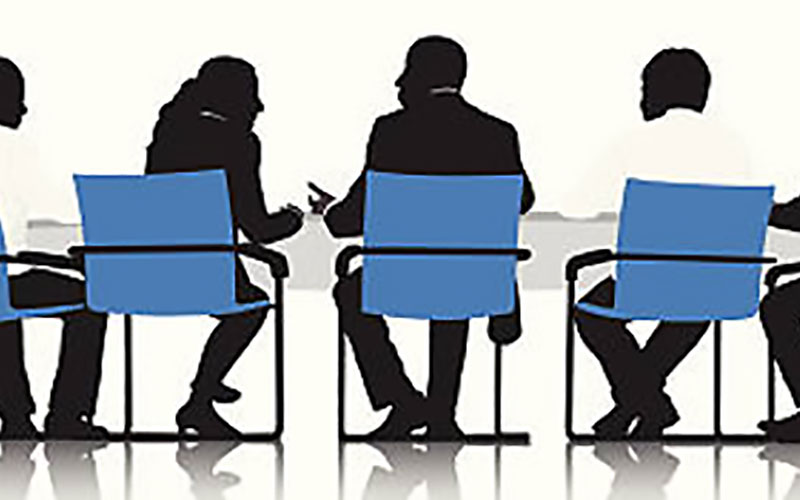 Drawing of people discussing around a conference table.